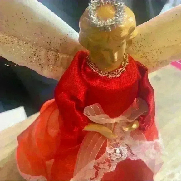Vintage Christmas Tree Topper Angel, Blonde Hair, Red Dress, approximately 9.5” - Picture 2 of 5